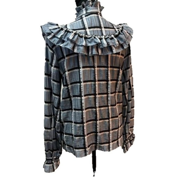 H&M Women's Blue‎ White 
Checkered Plaid Crinkle
Frill Blouse Size 4 NWOT - Picture 3 of 12